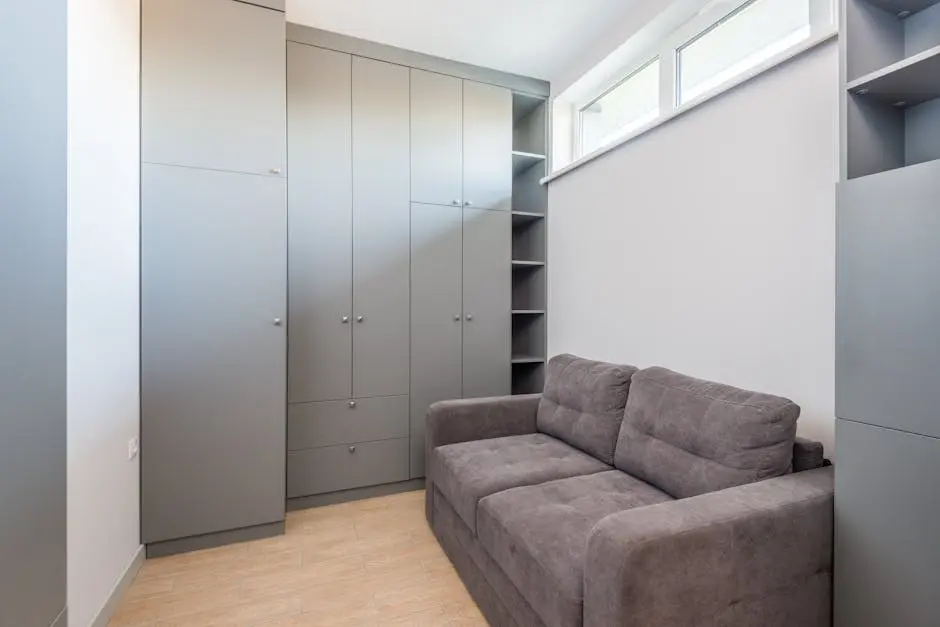 Sleek and modern apartment interior featuring grey wardrobe and sofa, ideal for space-saving living.