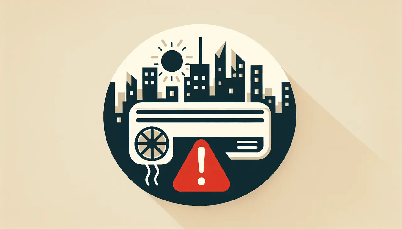 Draw a graphic in flat design style. An image of an air conditioner with a red warning symbol next to it, set against a plain background with a silhouette of a cityscape representing Calhoun.