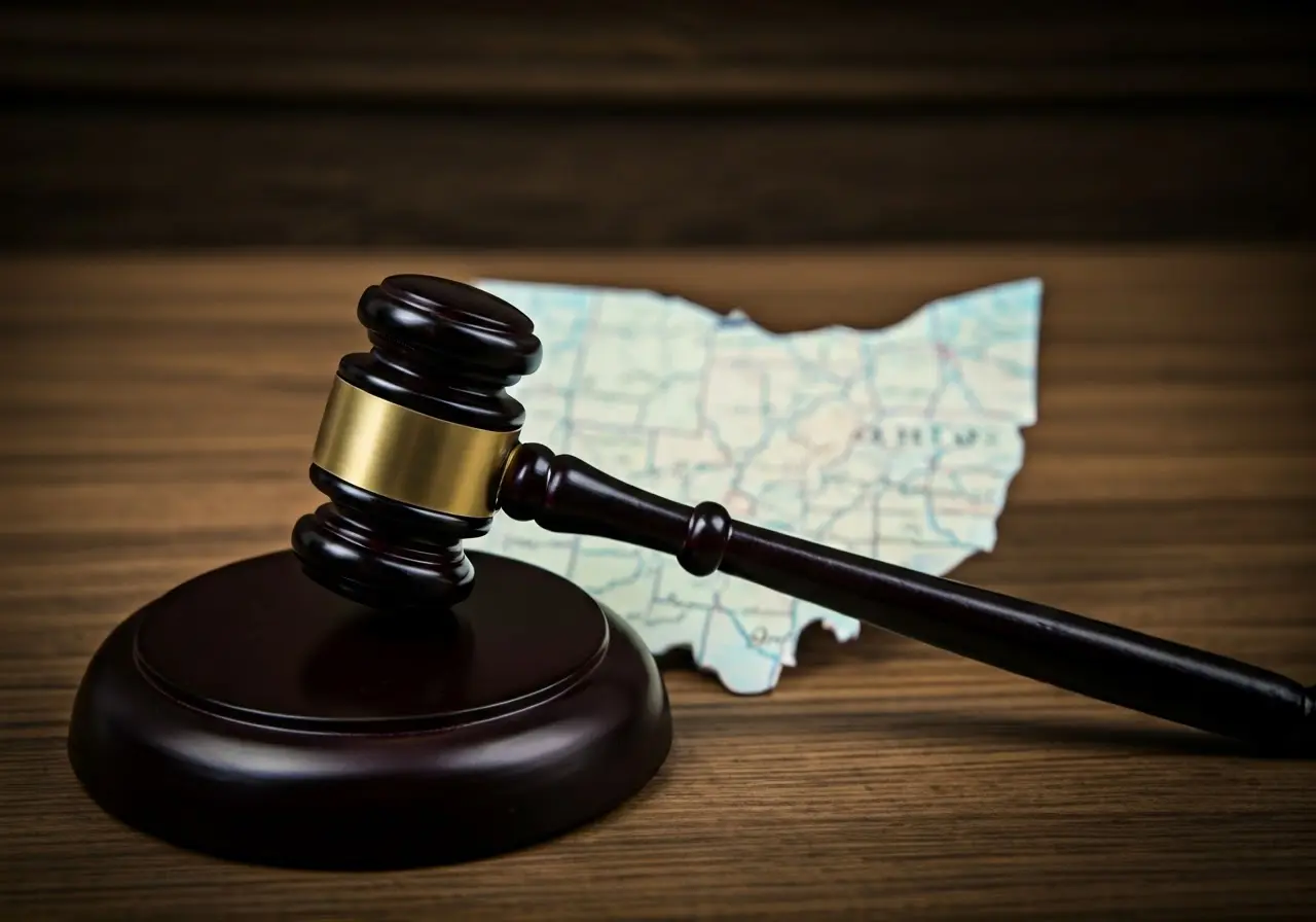 A gavel next to a map of Ohio. 35mm stock photo