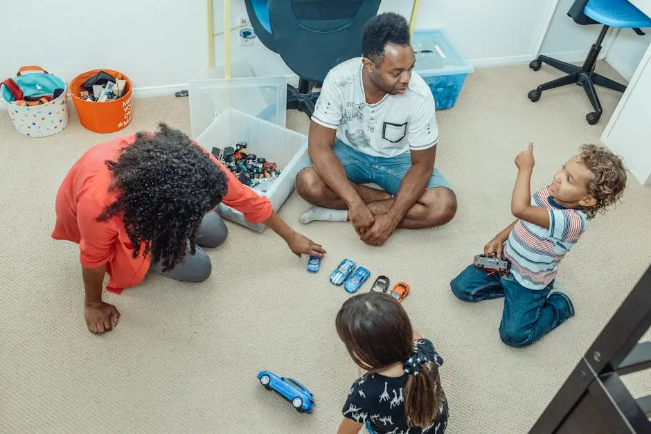 A diverse family enjoys quality time playing with toy cars in a cozy setting.