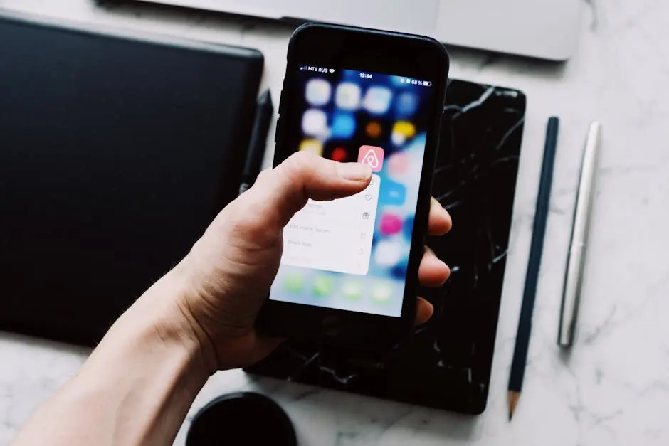 A person holds a smartphone displaying app icons over a desk with digital tablets and pens.