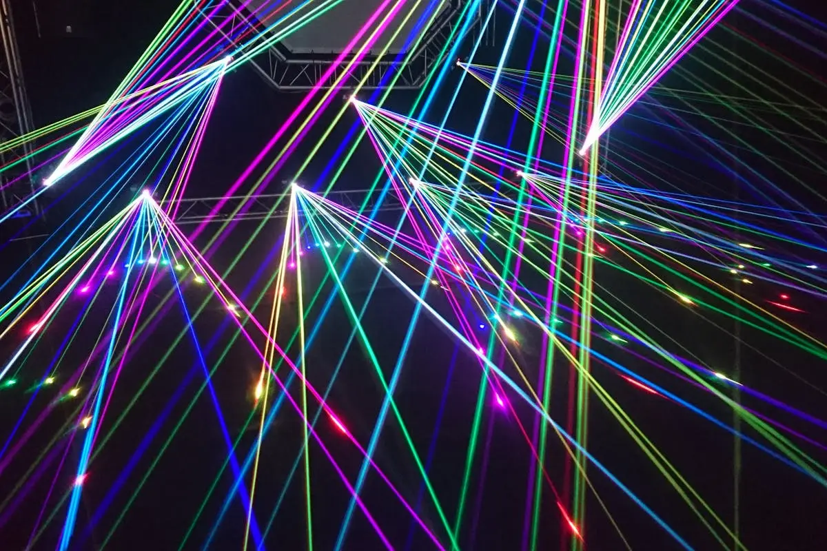 Dynamic multicolor laser beams create an electrifying display in a nighttime laser show.