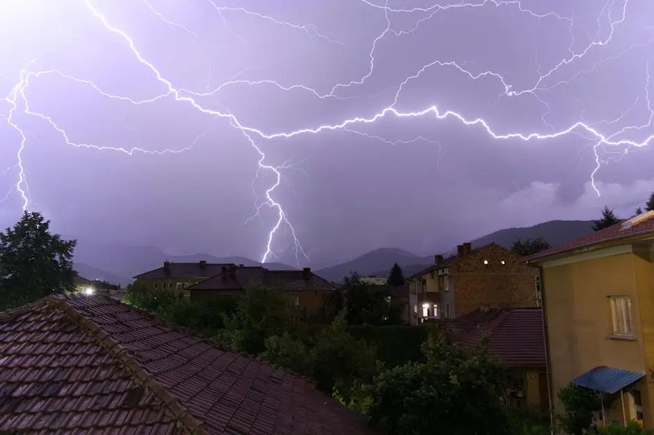 Stunning lightning storm over rooftops in Botevgrad, Bulgaria, showcasing nature’s power.