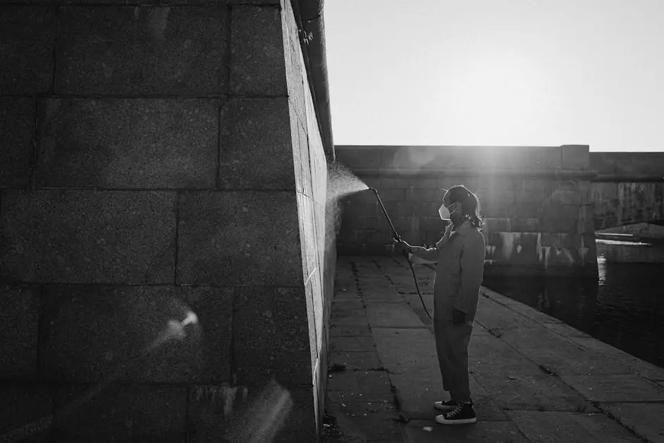A person in a jumpsuit power washing a canal wall wearing a face mask, under bright daylight.