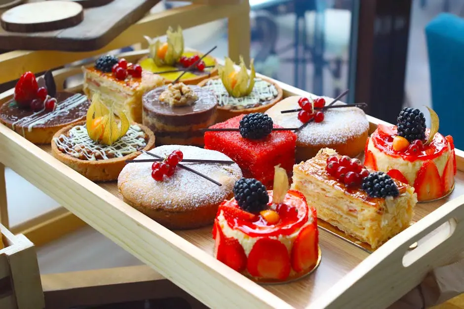 Delicious assortment of cakes and pastries with berries and fruit on a wooden tray.