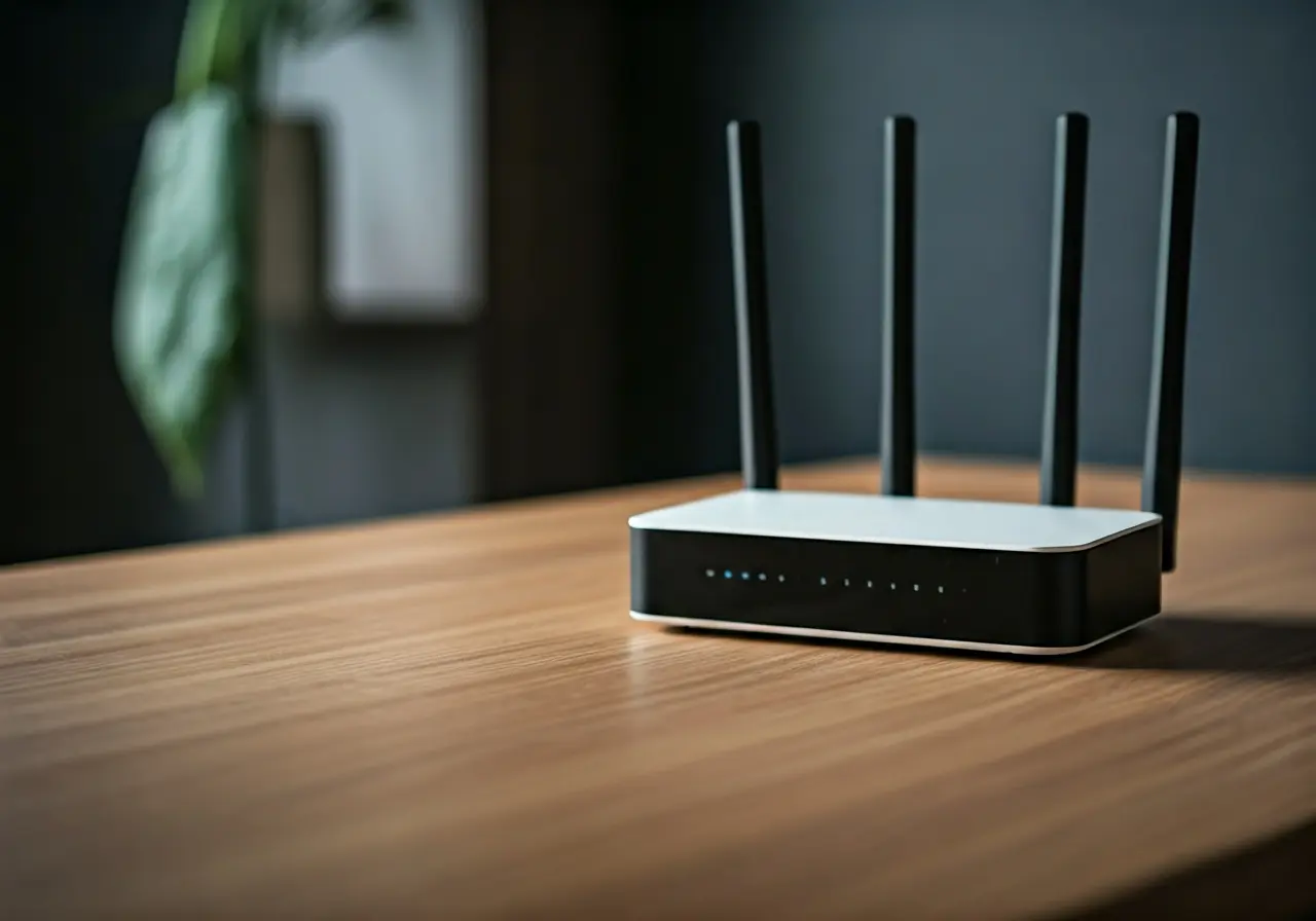 A modern home office with a sleek router on a desk. 35mm stock photo