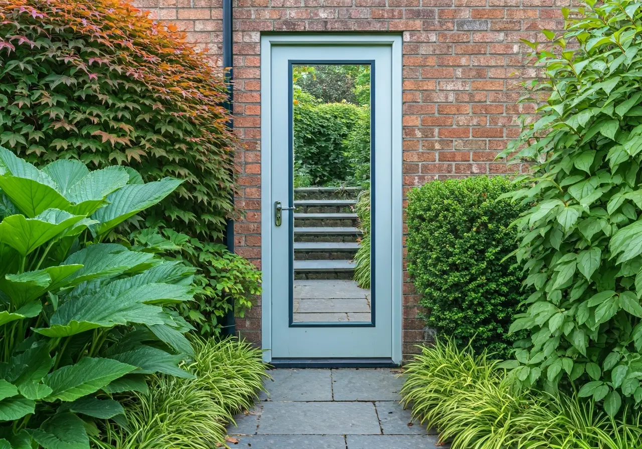 A stylish egress door opening into a lush garden area. 35mm stock photo