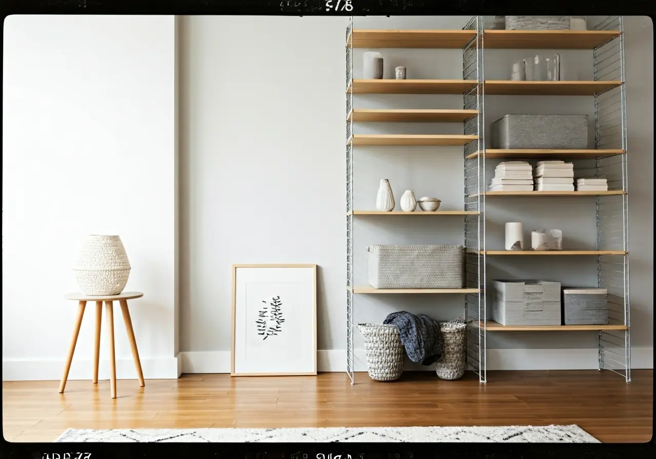 A minimalist, organized living room with tidy shelves and decor. 35mm stock photo
