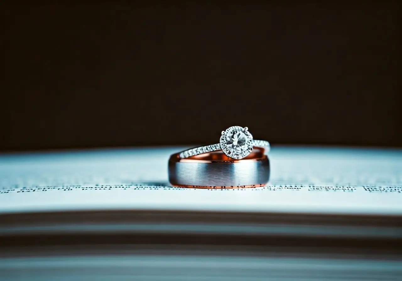 A pair of intertwined wedding rings on a therapy book. 35mm stock photo