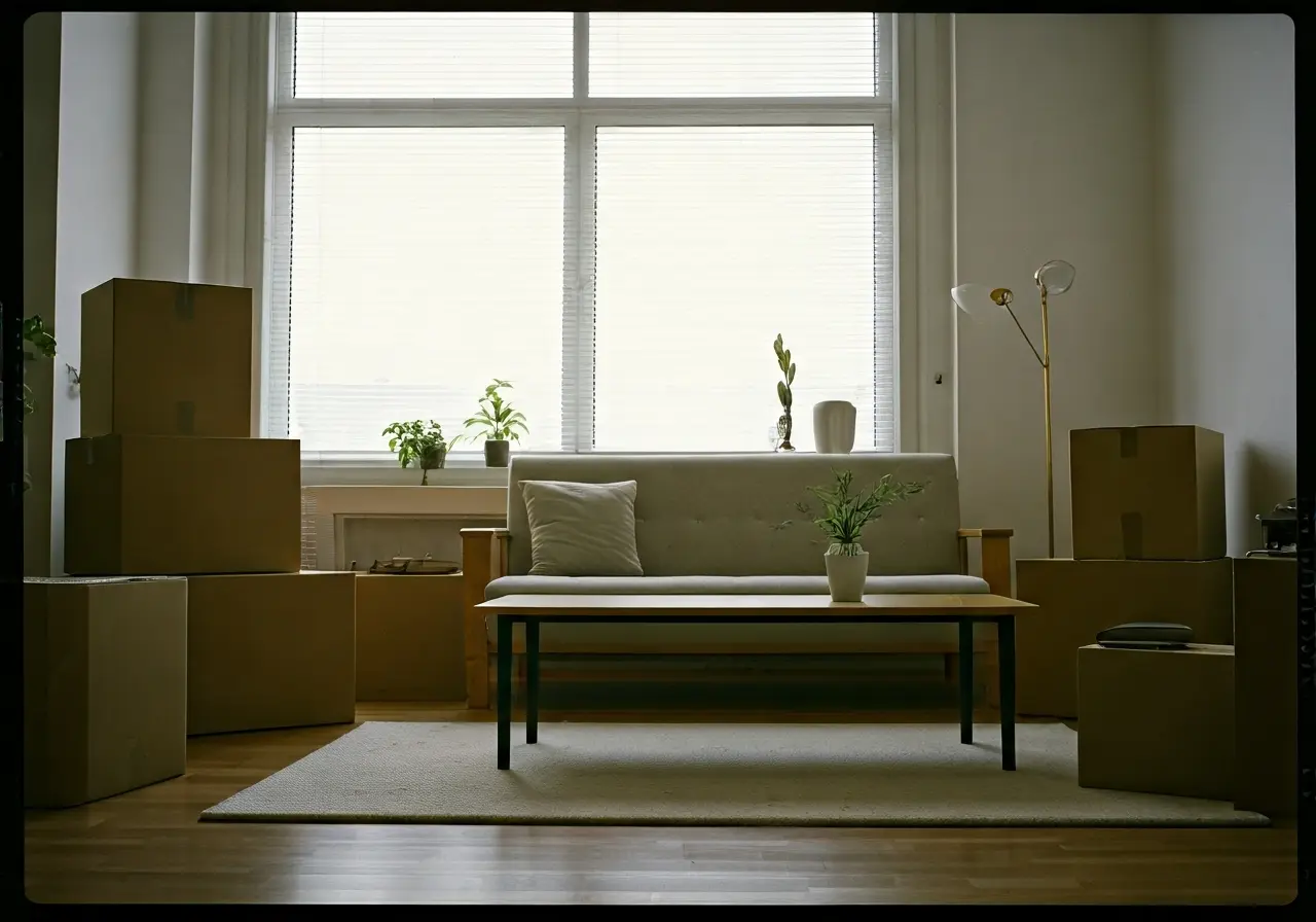 A cozy, minimalist living room with packed moving boxes. 35mm stock photo