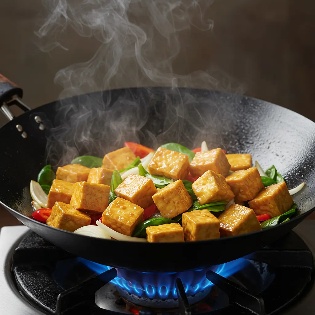 Tofu cubes and mixed vegetables in a wok.