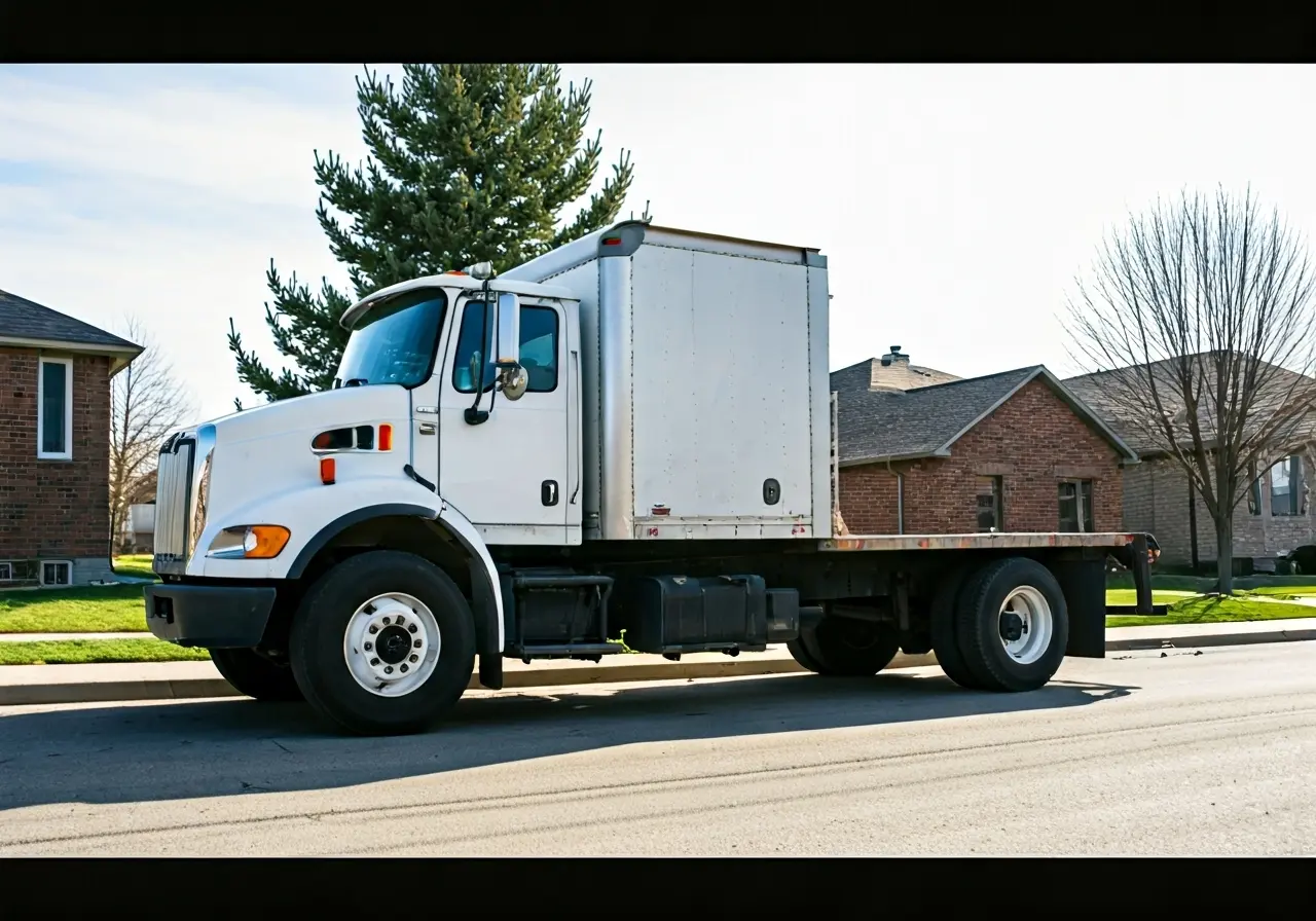 A moving truck parked on a suburban Canadian street. 35mm stock photo