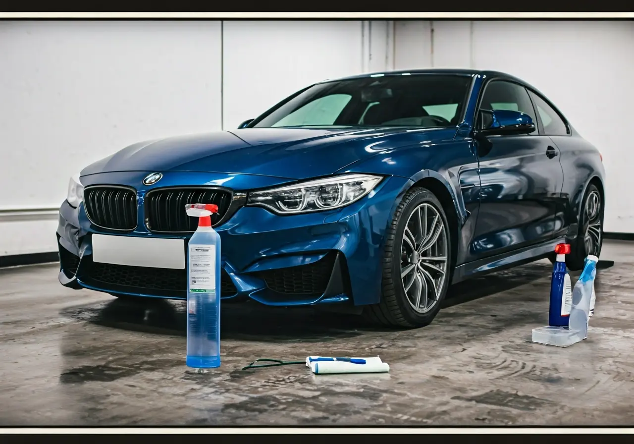 A shiny car being detailed with cleaning supplies nearby. 35mm stock photo