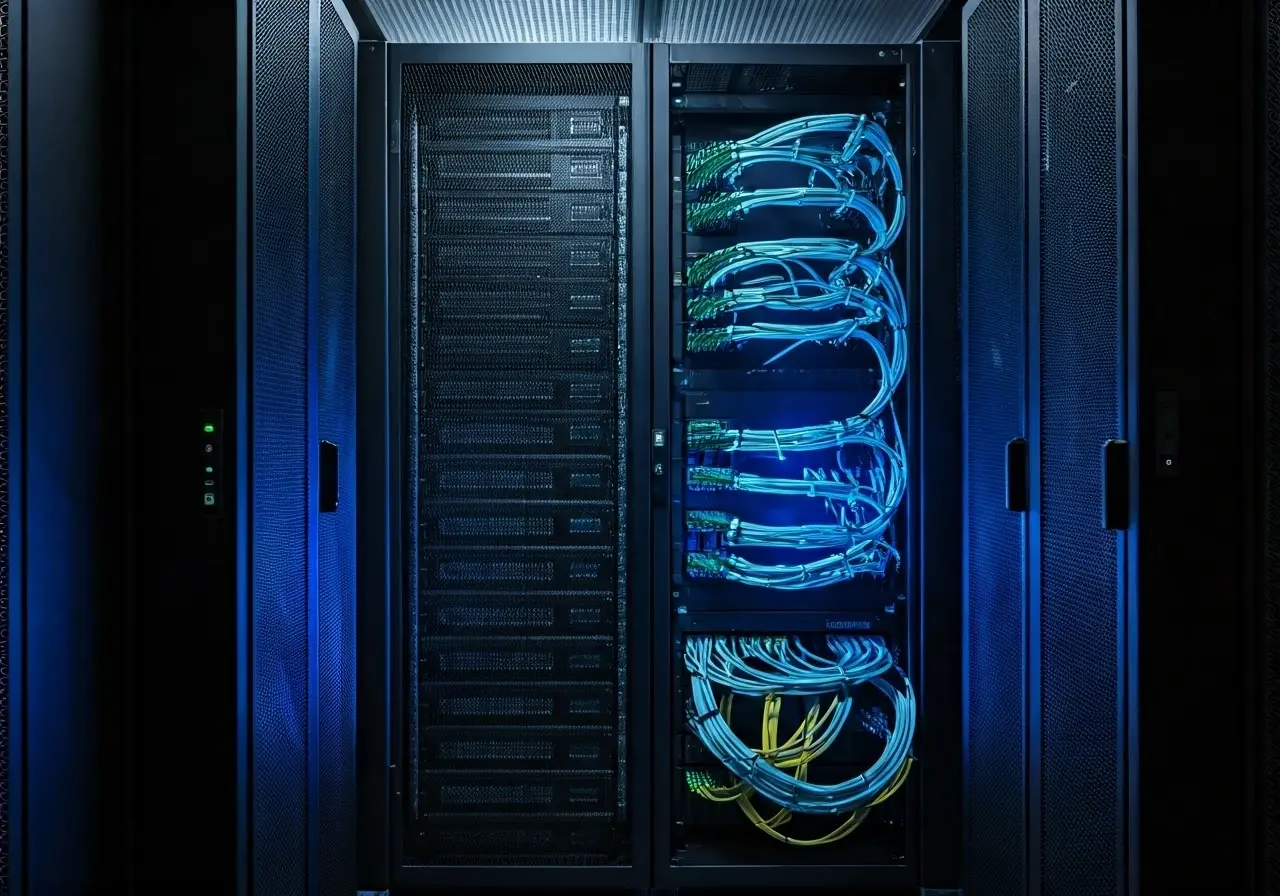 A secure server room with glowing network cables. 35mm stock photo
