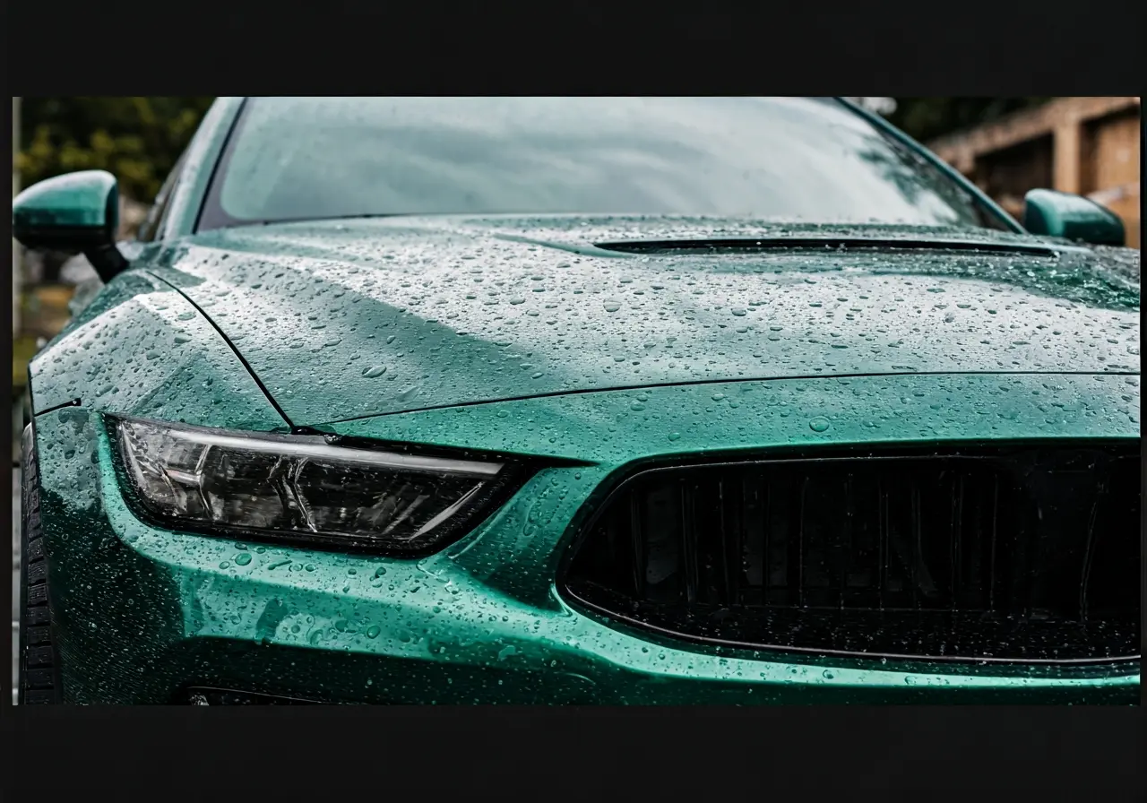 A shiny car with water beading off its ceramic-coated surface. 35mm stock photo