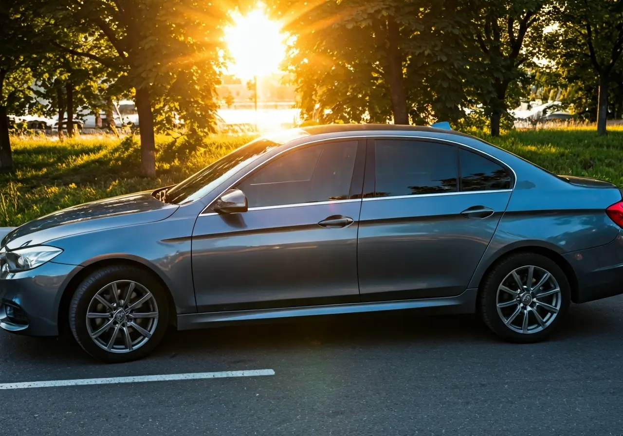 A car in direct sunlight with tinted windows shining. 35mm stock photo