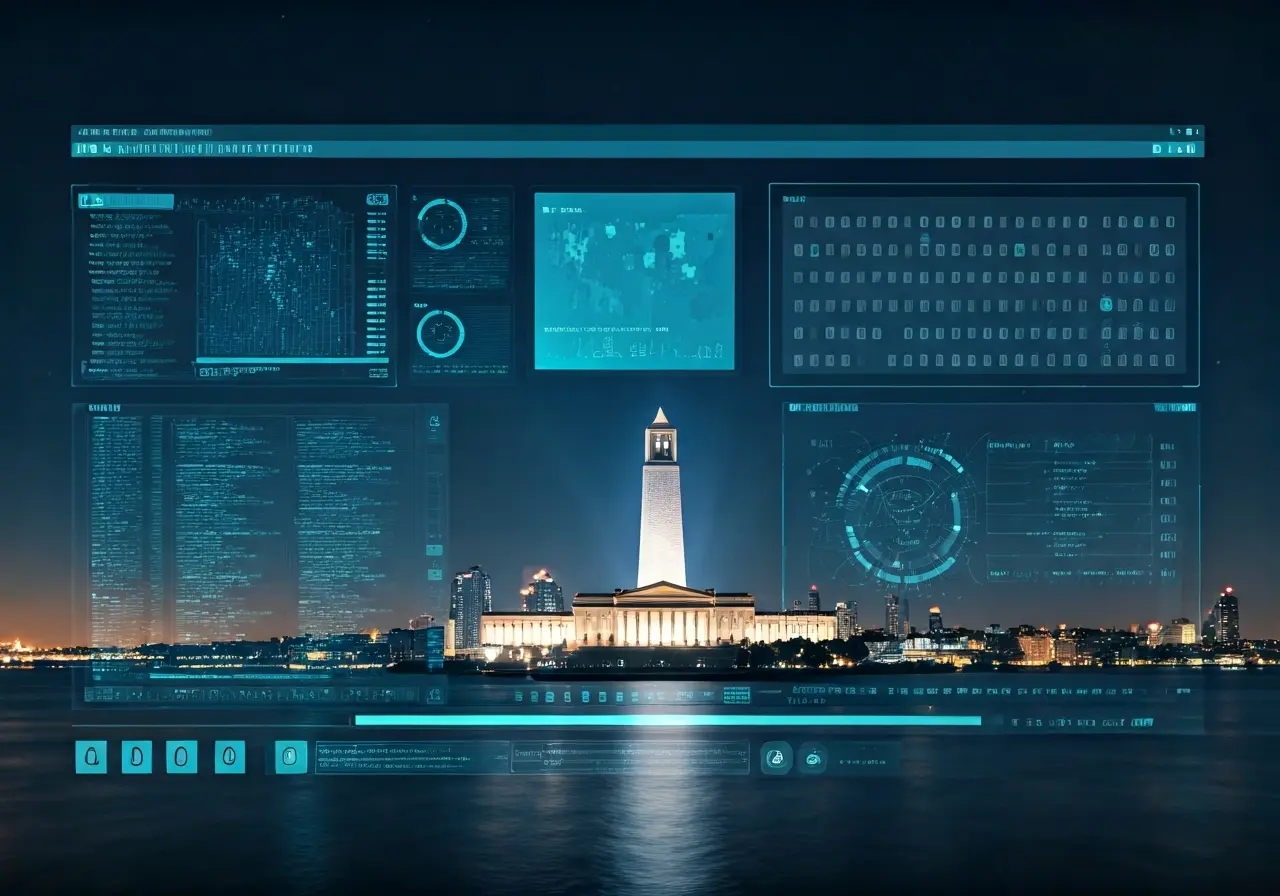 Cybersecurity system dashboard with Washington landmarks in background. 35mm stock photo