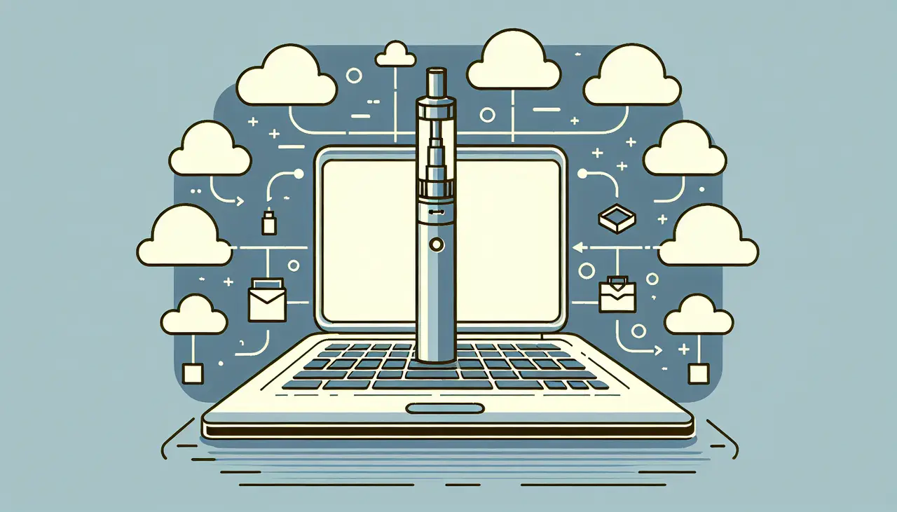 Draw a graphic in flat design style. A flat design image of a laptop with a vape pen displayed on the screen, surrounded by a few cloud symbols, representing the convenience of online ordering.