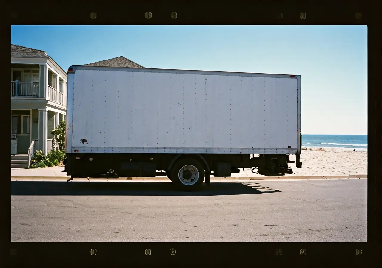 An empty moving truck parked near a beachside home. 35mm stock photo