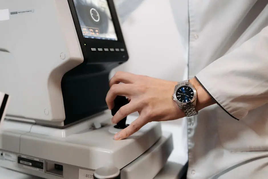 A doctor’s hand operating an eye examination device in a clinical setting.