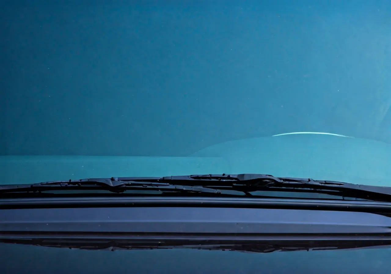 A pristine car windshield reflecting a clear blue sky. 35mm stock photo