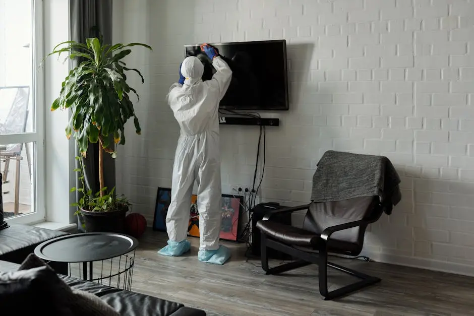 A person in protective gear meticulously cleans a television in a stylish living room.