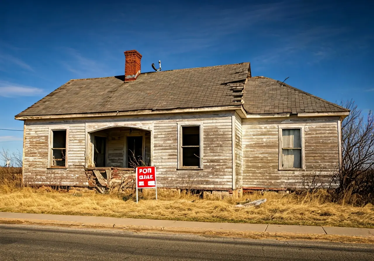 A dilapidated house with a For Sale sign outside. 35mm stock photo