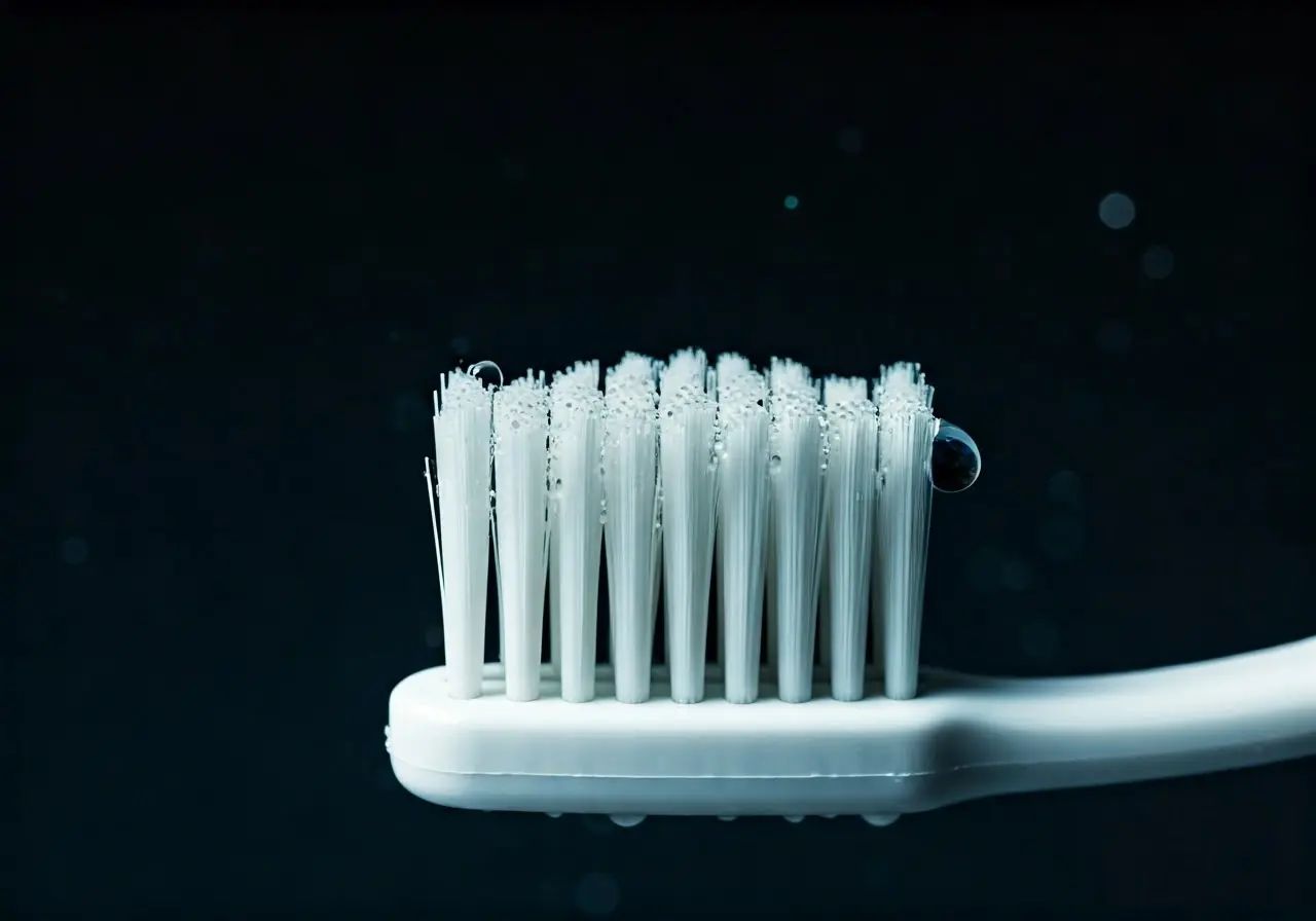 A clean toothbrush with sparkling water droplets on bristles. 35mm stock photo