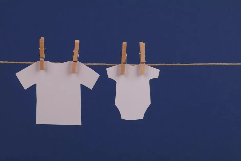Paper cutouts of clothes hanging with clothespins on a string against a blue background.