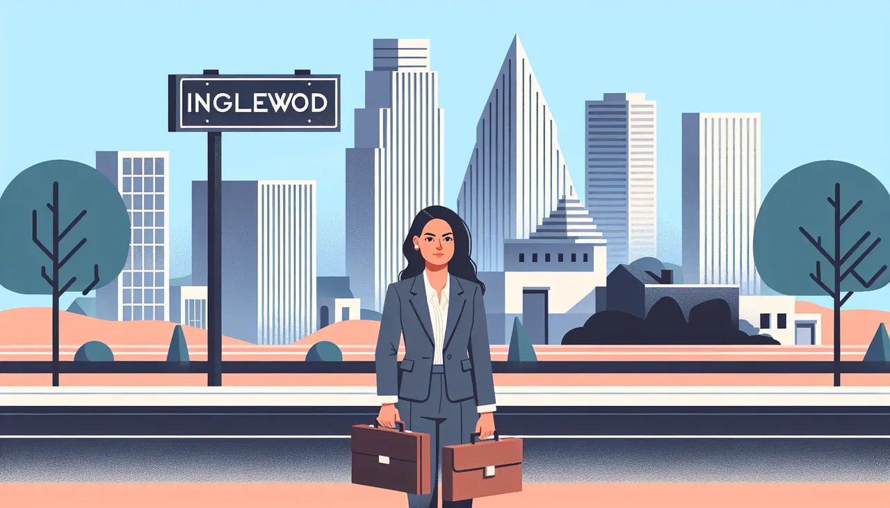 Draw a graphic in flat design style. An image of a professional business litigation attorney holding a briefcase, standing in front of a modern cityscape with the Inglewood sign in the background, all in flat design style.
