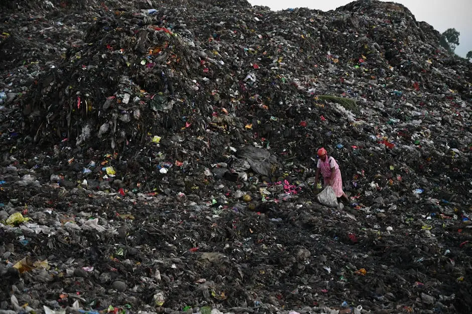 A person scavenges through a massive landfill in Bangladesh, highlighting pollution.