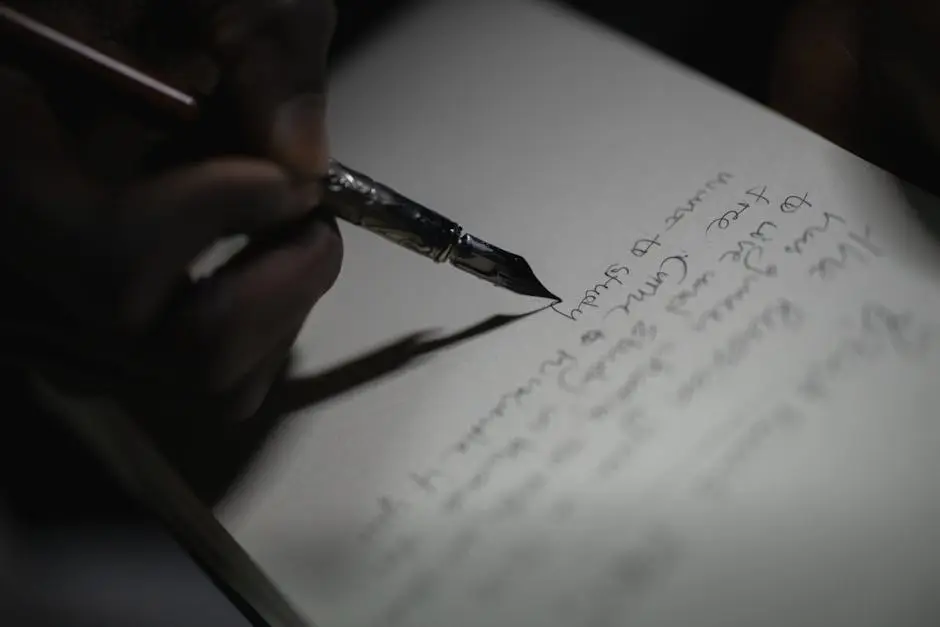 A close-up shot of a hand writing with a fountain pen, capturing the elegance of ink on paper.