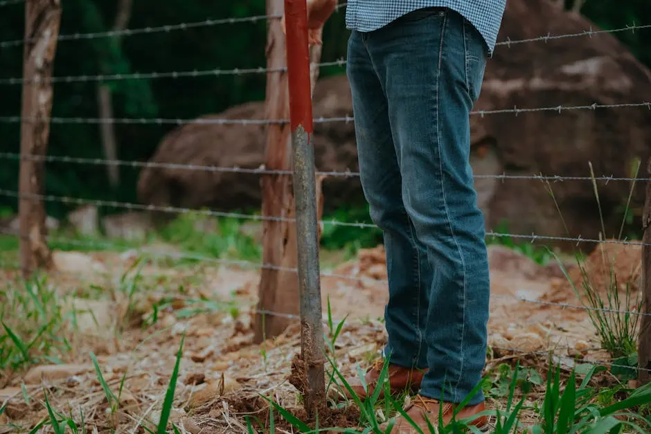 Close-up of a man standing by a barbed wire fence with a shovel in the countryside.