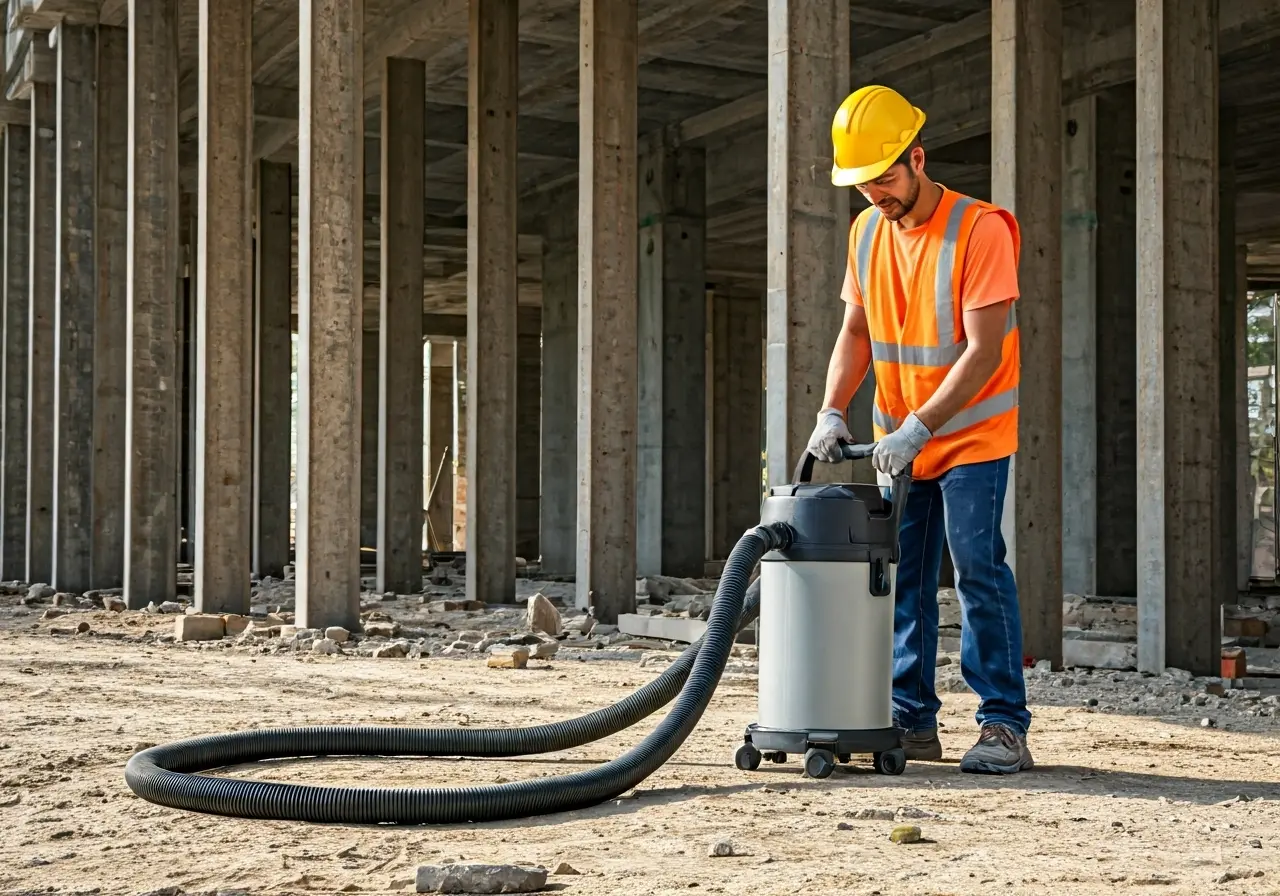 A construction site worker using a vacuum tool safely. 35mm stock photo
