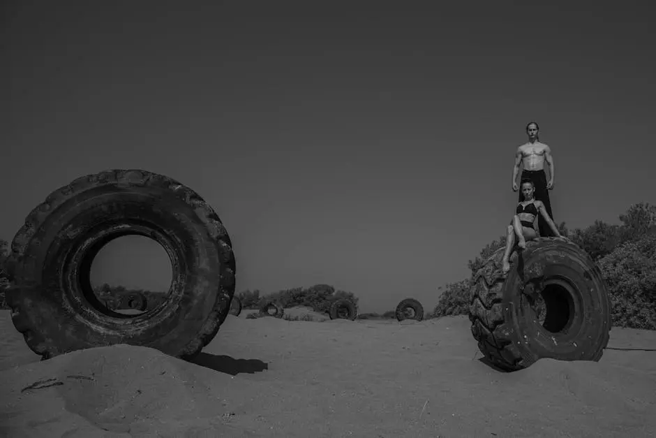 Strong athletic man and woman exercising on large tires in a sandy outdoor setting.