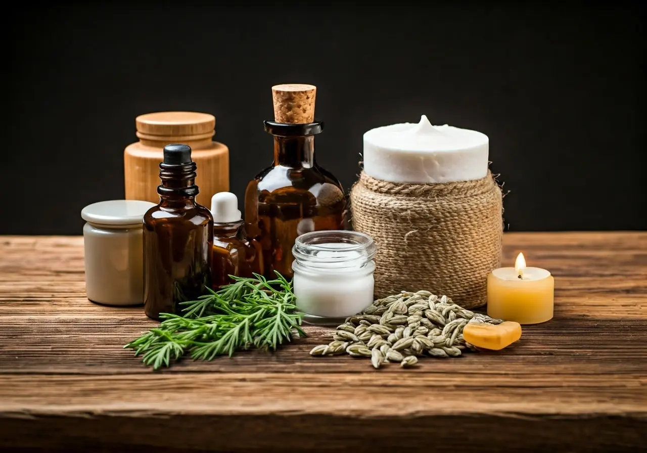 A variety of natural skincare ingredients on a wooden surface. 35mm stock photo