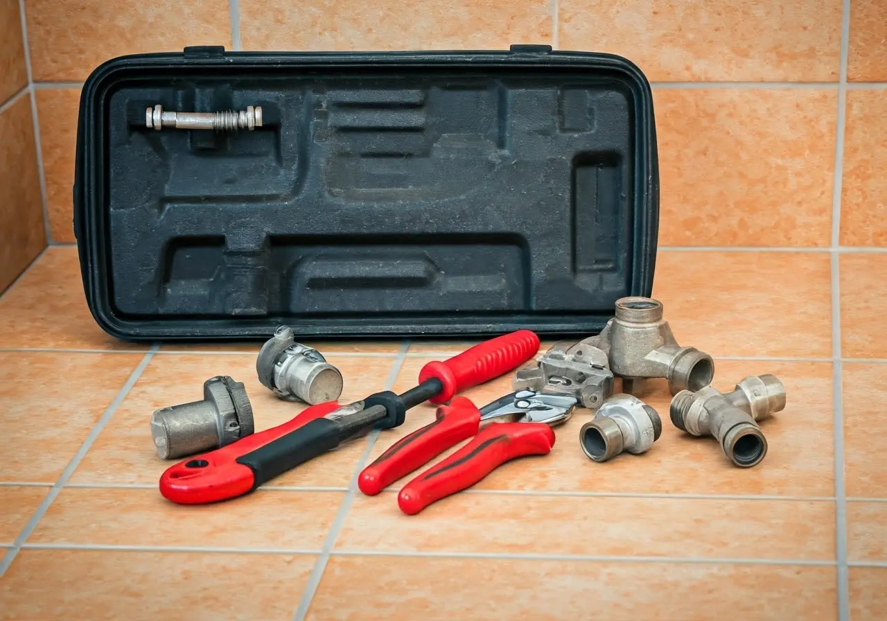 A toolbox with plumbing tools on a tiled floor. 35mm stock photo