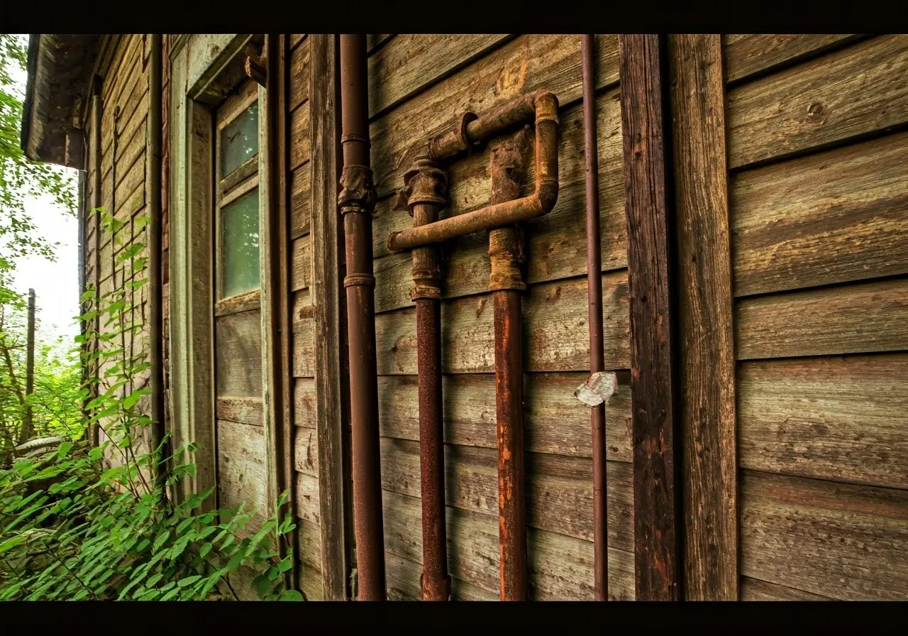 An old house with exposed, rusted plumbing pipes. 35mm stock photo