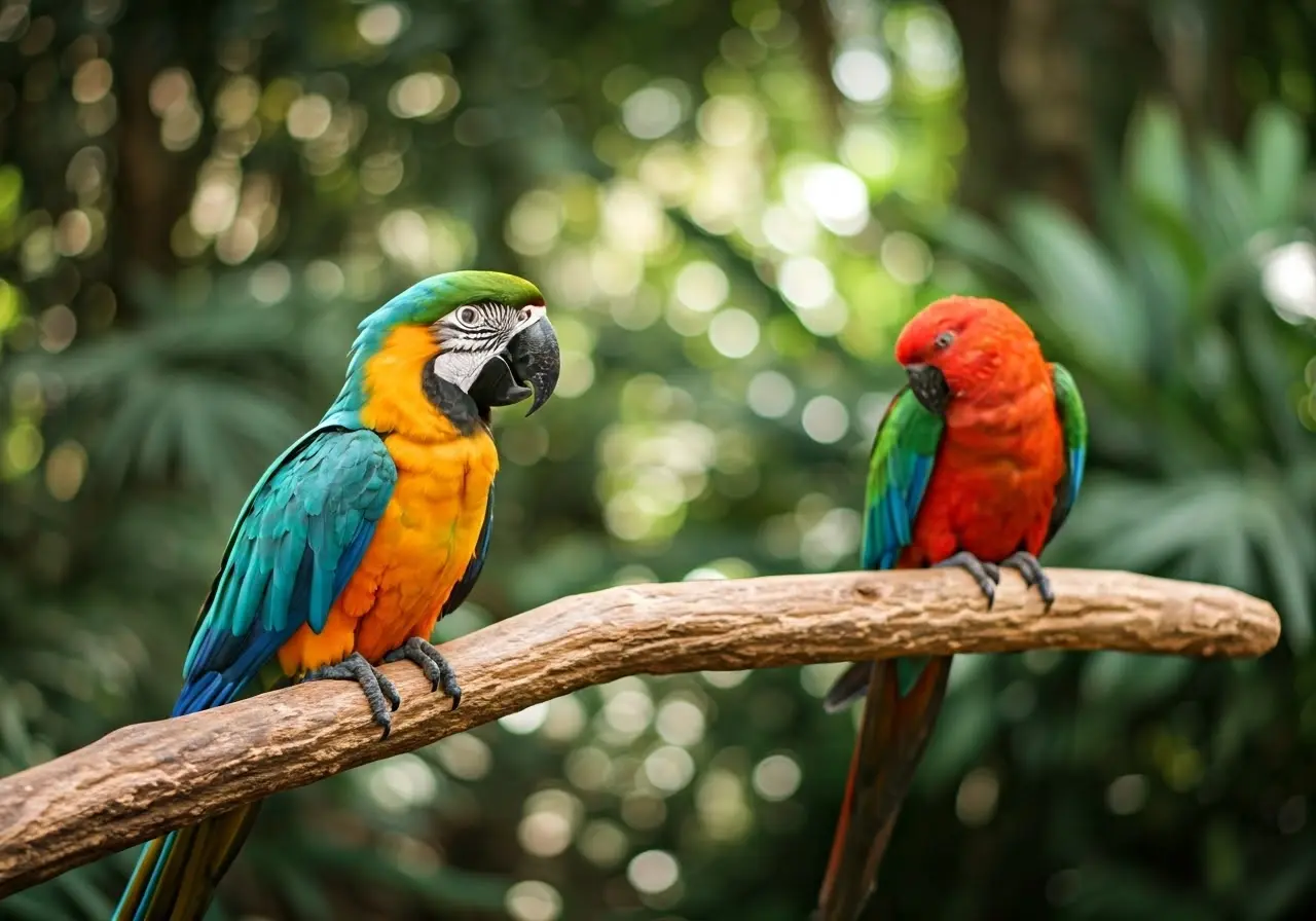 Colorful parrots perched on a branch in a sunny garden. 35mm stock photo