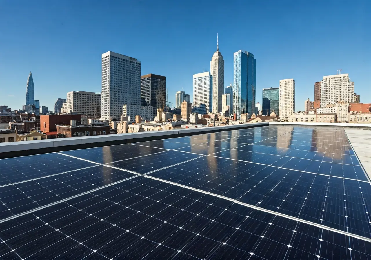 A rooftop with solar panels and a city skyline. 35mm stock photo