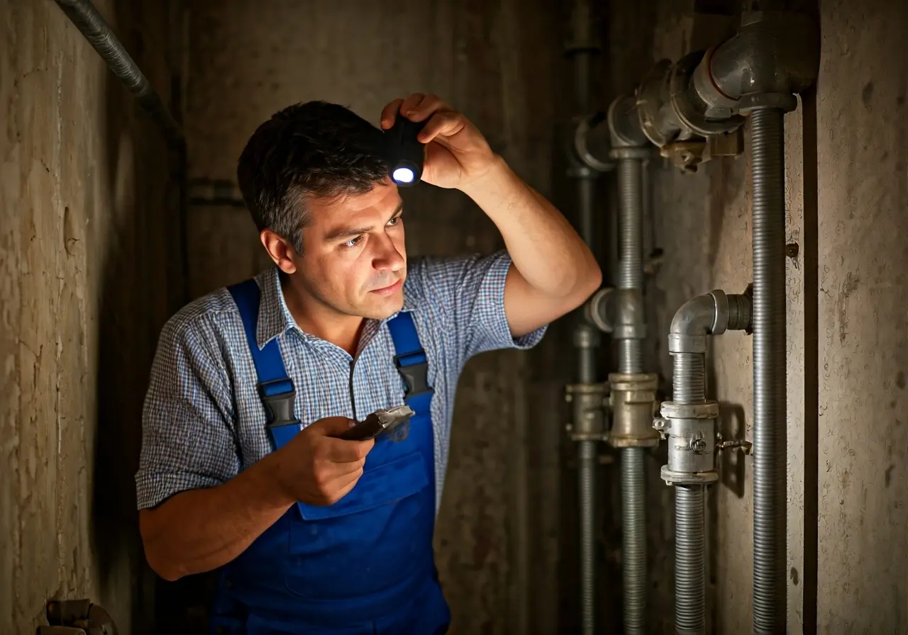 A plumbing professional examining pipes with a flashlight. 35mm stock photo