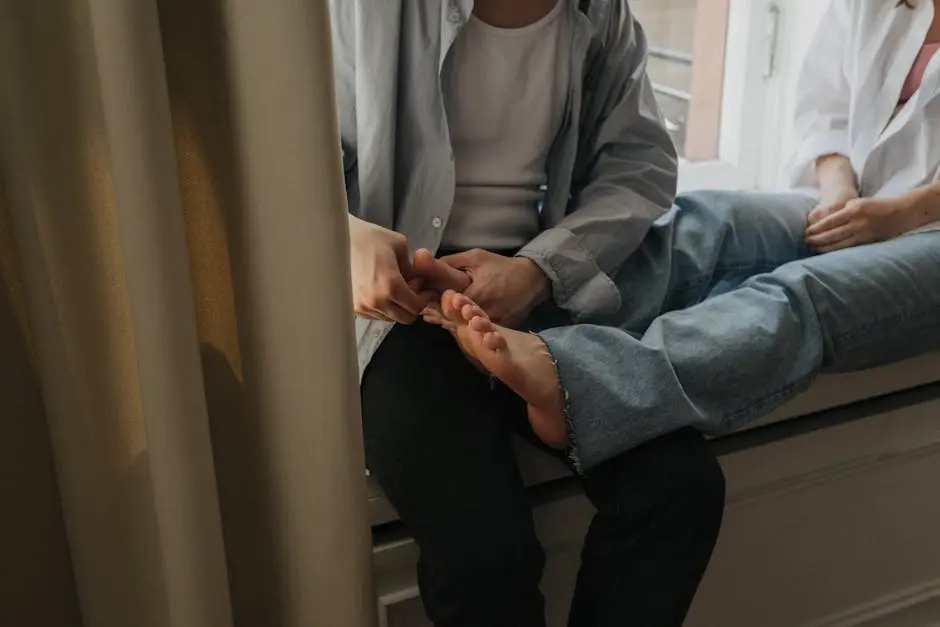 A couple enjoys a relaxing foot massage while sitting by the window indoors.