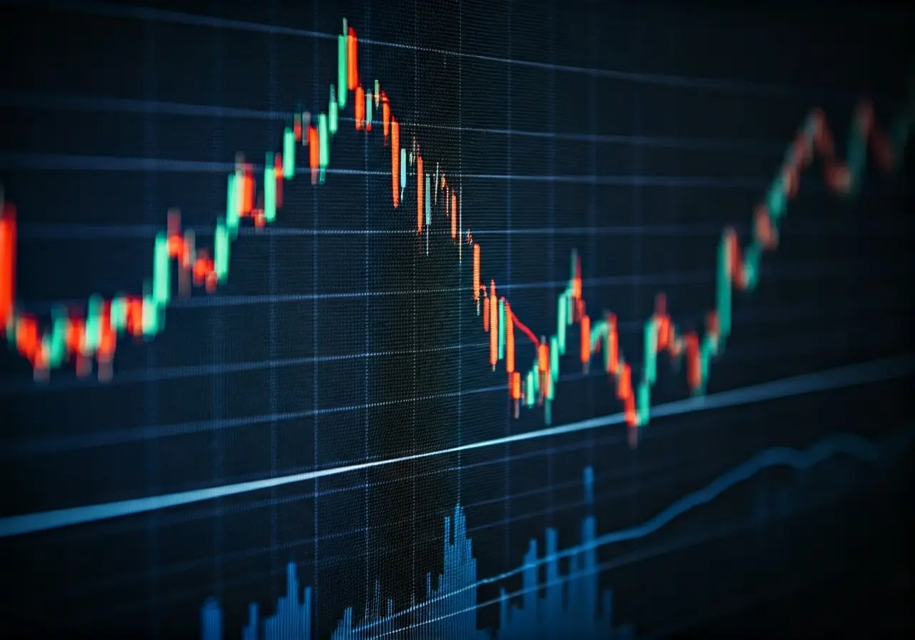 A close-up shot of a stock market graph on a screen. 35mm stock photo