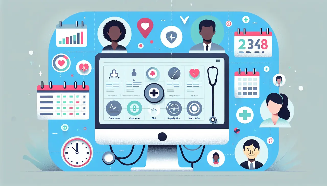 Draw a graphic in flat design style. A minimalist design showing a computer screen displaying a CRM dashboard, surrounded by icons of a stethoscope, a calendar, and customer profiles, to represent organization and efficiency in a medspa setting.