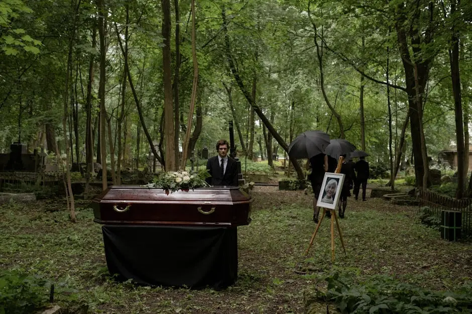 A funeral ceremony in a wooded cemetery with a wooden coffin and mourners.