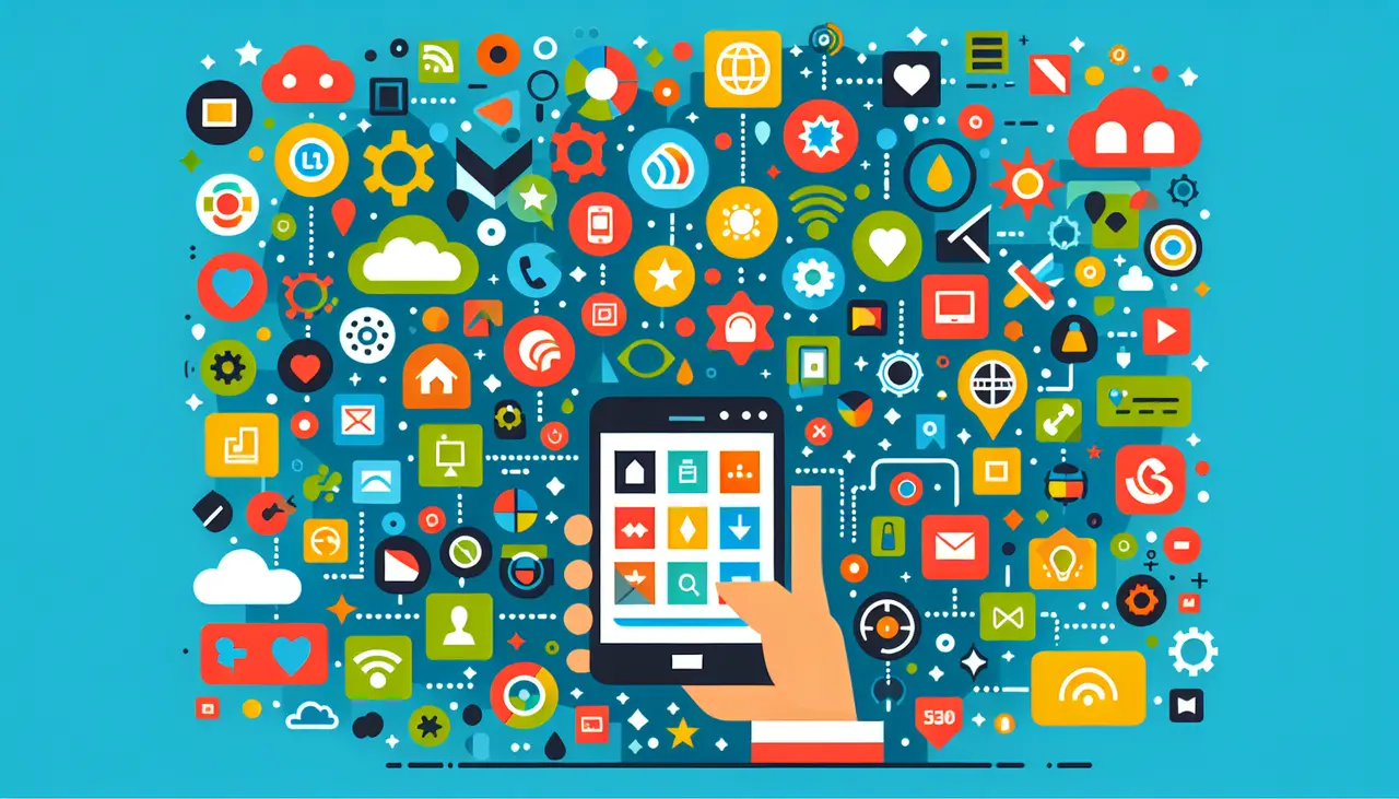 Draw a graphic in flat design style. A flat design illustration of a smartphone with various colorful icons floating around it, representing different app features being considered for selection.