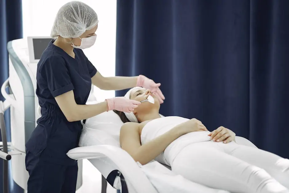 Aesthetician applying facial treatment on a relaxed woman in a modern spa clinic setting.