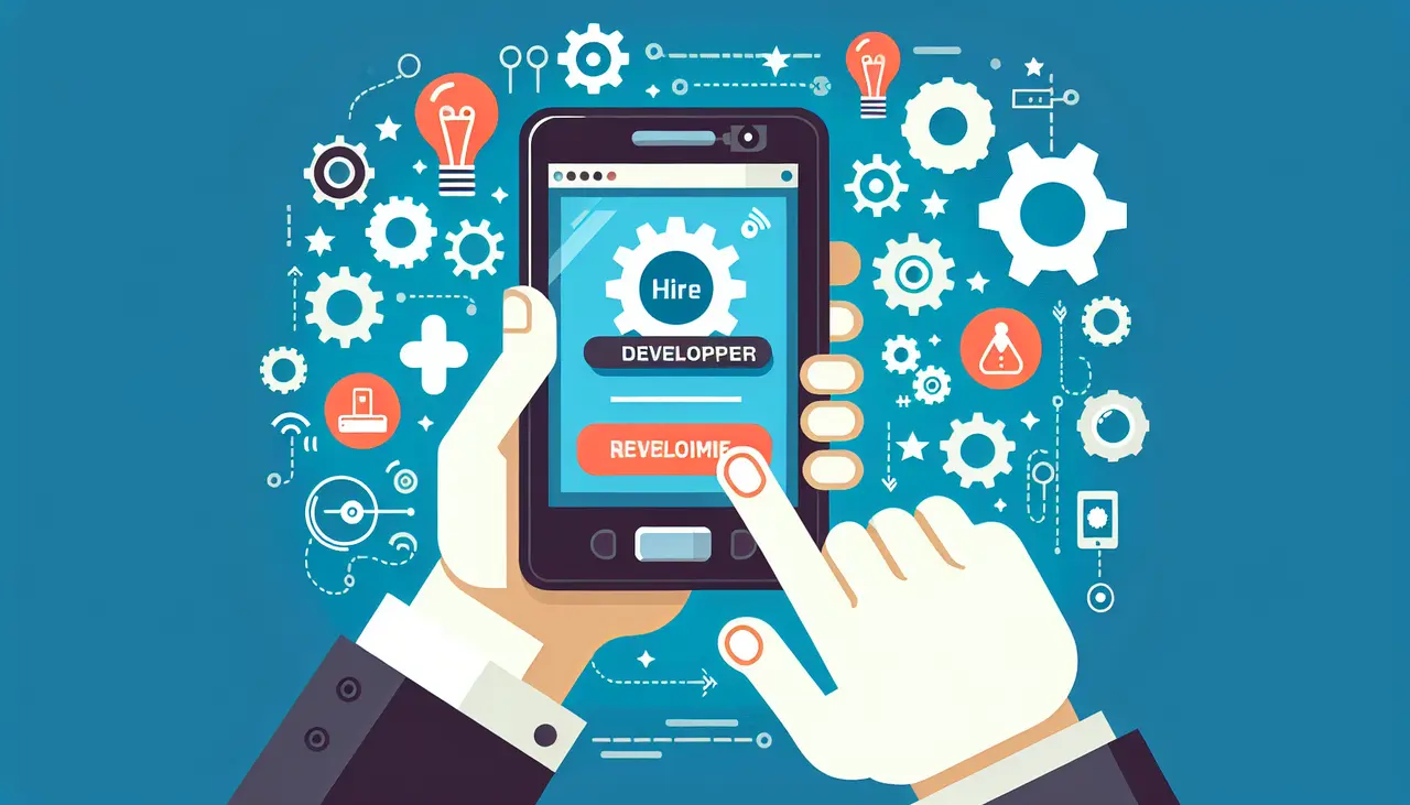 Draw a graphic in flat design style. A flat design illustration of a smartphone screen with a hand clicking on a ‘Hire Developer’ button, surrounded by icons of gears and lightbulbs to symbolize innovation and technical expertise.