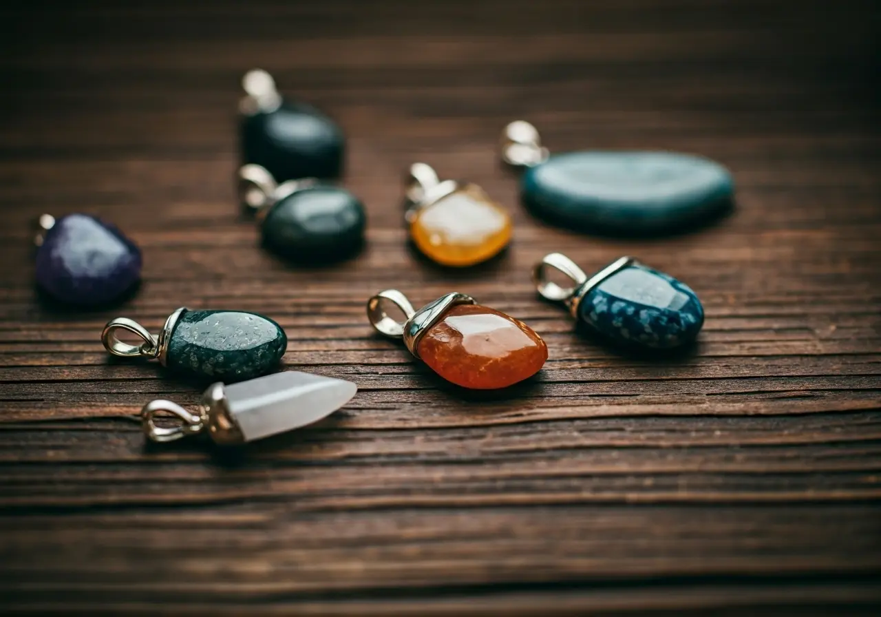 A close-up of various gemstone pendants on a rustic table. 35mm stock photo