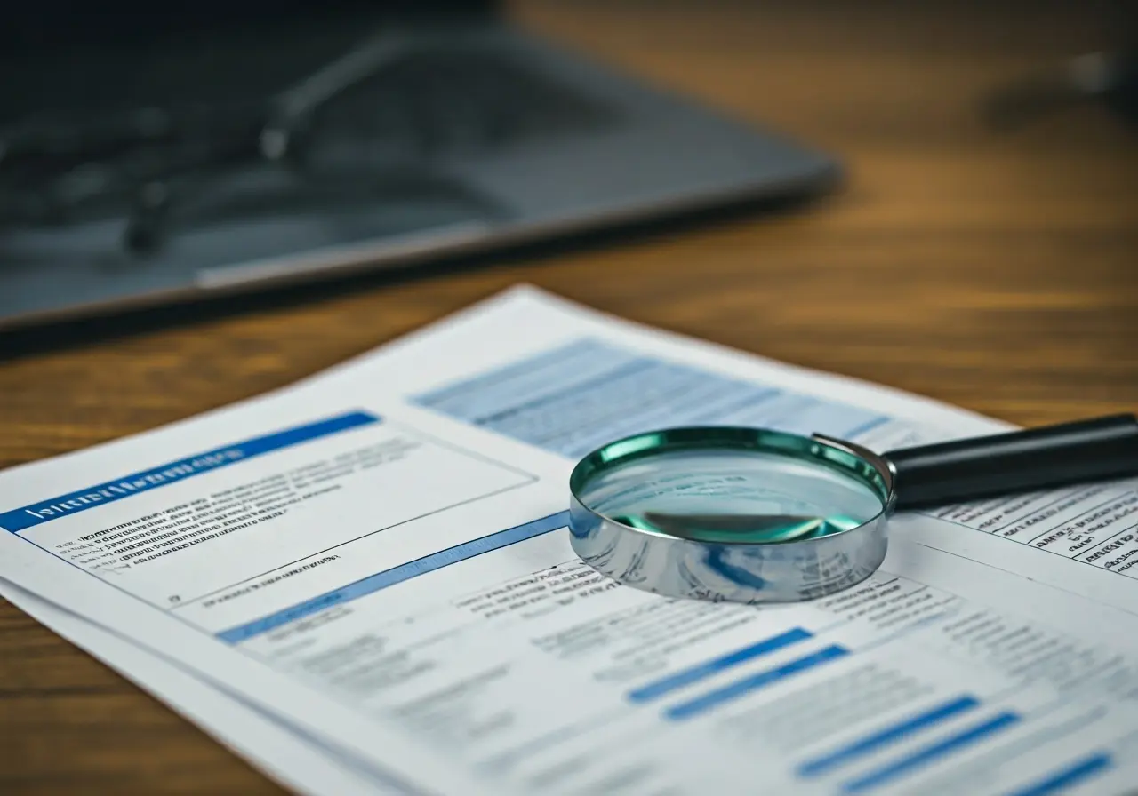 A close-up of insurance documents and a magnifying glass. 35mm stock photo